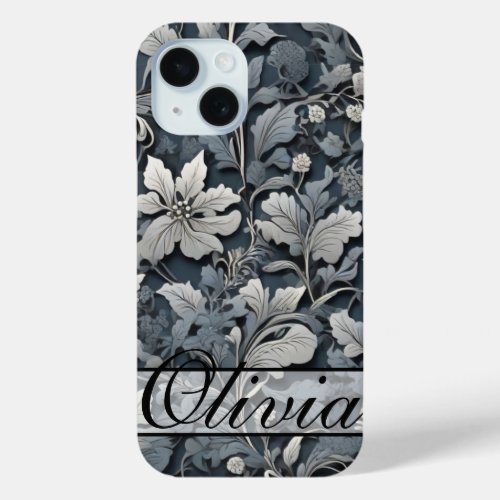 Elegant dusty blue silver white gray floral iPhone 15 case