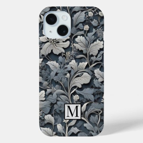 Elegant dusty blue silver white gray floral iPhone 15 case