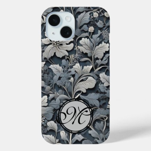 Elegant dusty blue silver white gray floral iPhone 15 case