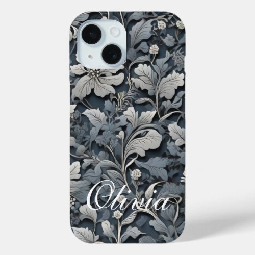 Elegant dusty blue silver white gray floral iPhone 15 case