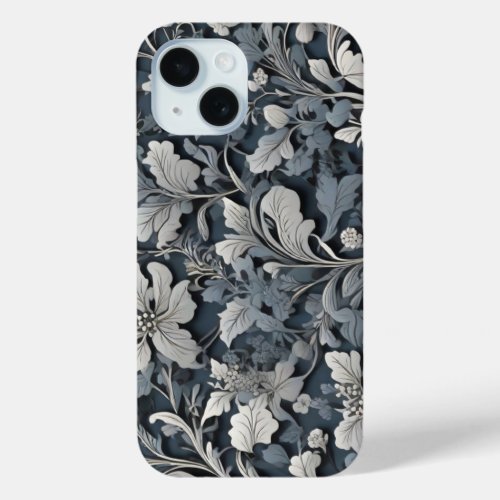 Elegant dusty blue silver white gray floral iPhone 15 case