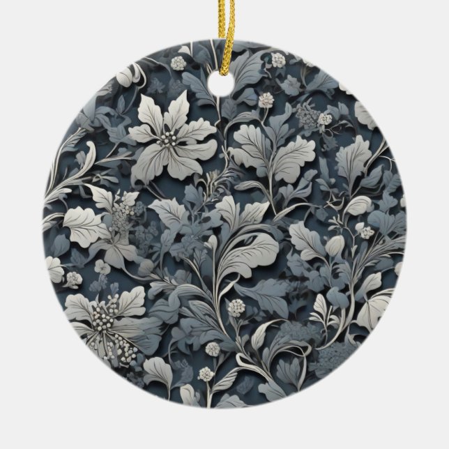 Elegant dusty blue silver white gray floral ceramic ornament (Front)