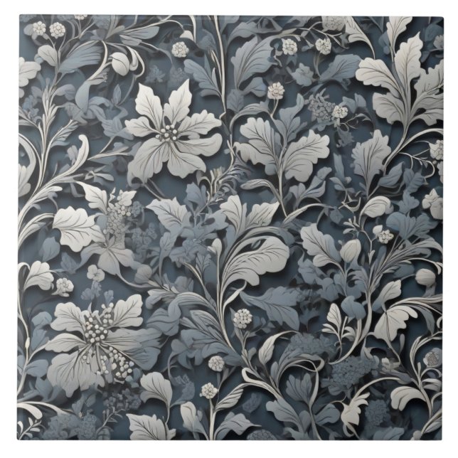 Elegant dusty blue silver white gray floral ceramic tile (Front)