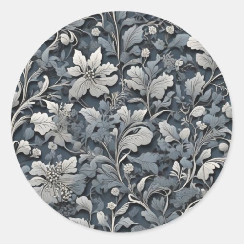 Elegant dusty blue silver white gray floral classic round sticker