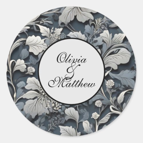 Elegant dusty blue silver white gray floral classic round sticker