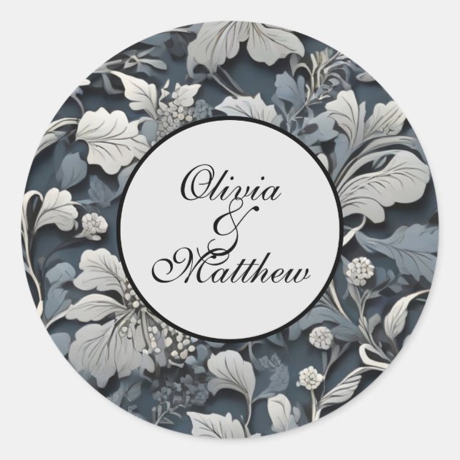 Elegant dusty blue silver white gray floral classic round sticker (Front)