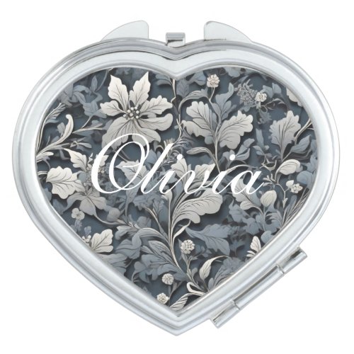 Elegant dusty blue silver white gray floral compact mirror