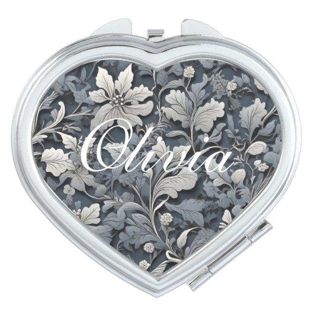 Elegant dusty blue silver white gray floral compact mirror (Front)