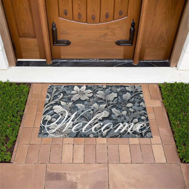 Elegant dusty blue silver white gray floral doormat (Outdoor)