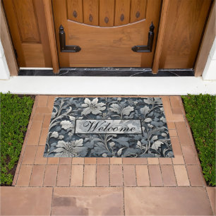 Elegant dusty blue silver white gray floral doormat