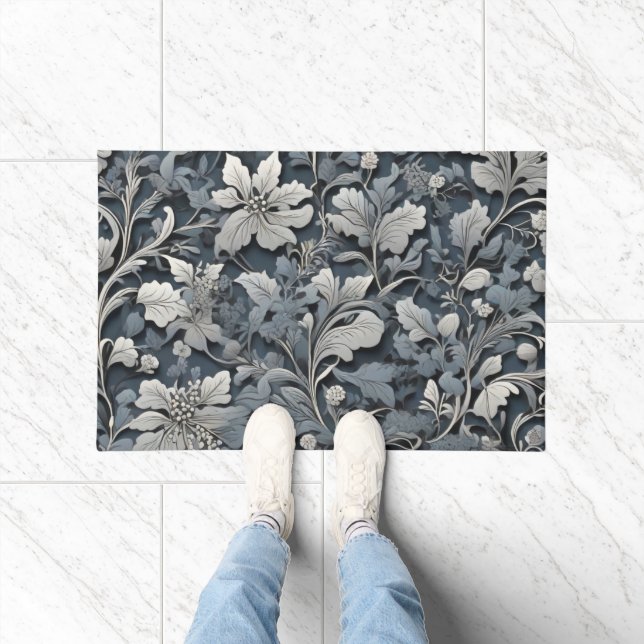Elegant dusty blue silver white gray floral doormat (Indoor)