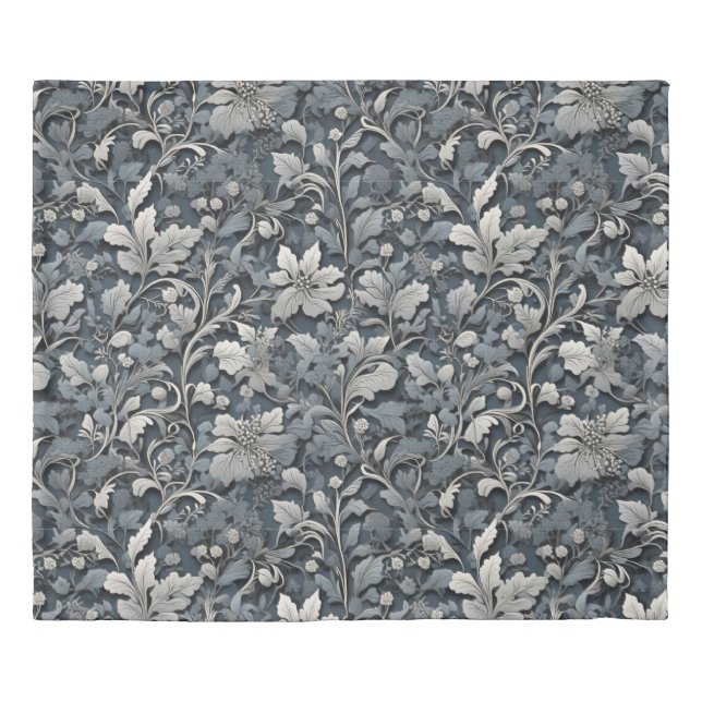 Elegant dusty blue silver white gray floral duvet cover (Front)
