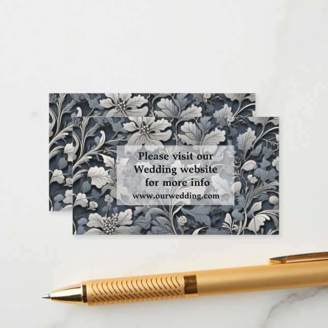Elegant dusty blue silver white gray floral enclosure card (Front/Back In Situ)