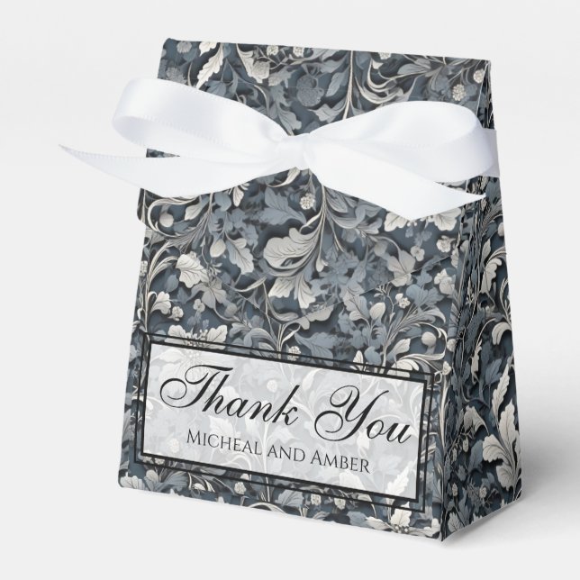 Elegant dusty blue silver white gray floral favor boxes (Front Side)