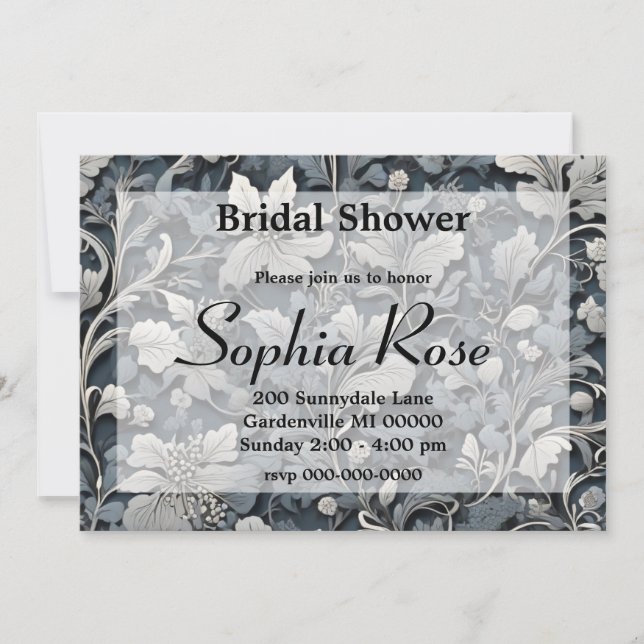 Elegant dusty blue silver white gray floral invitation (Front)