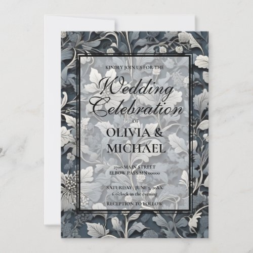 Elegant dusty blue silver white gray floral invitation