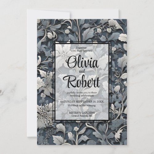 Elegant dusty blue silver white gray floral invitation