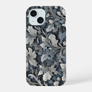 Elegant dusty blue silver white gray floral iPhone 15 case