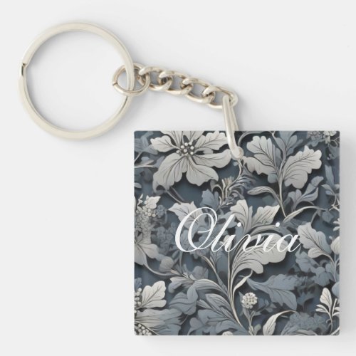 Elegant dusty blue silver white gray floral keychain