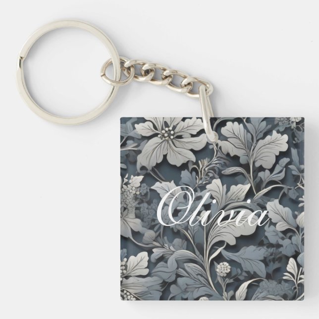 Elegant dusty blue silver white gray floral keychain (Front)