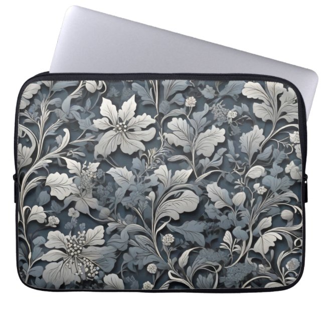Elegant dusty blue silver white gray floral laptop sleeve (Front)