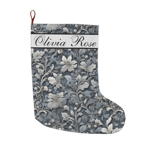 Elegant dusty blue silver white gray floral large christmas stocking