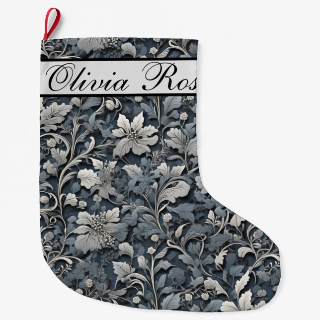 Elegant dusty blue silver white gray floral large christmas stocking (Front)