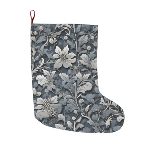 Elegant dusty blue silver white gray floral large christmas stocking