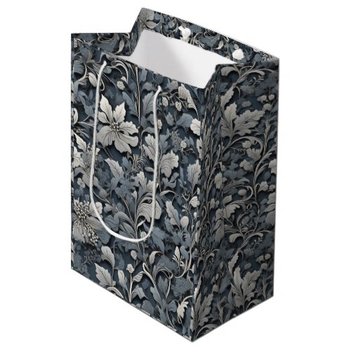 Elegant dusty blue silver white gray floral medium gift bag