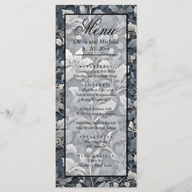 Elegant dusty blue silver white gray floral menu (Front)
