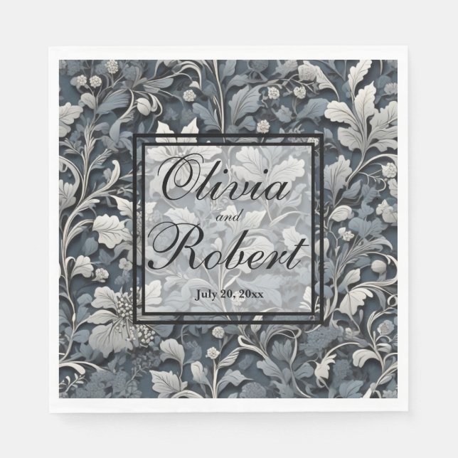 Elegant dusty blue silver white gray floral napkins (Front)