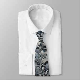 Elegant dusty blue silver white gray floral neck tie