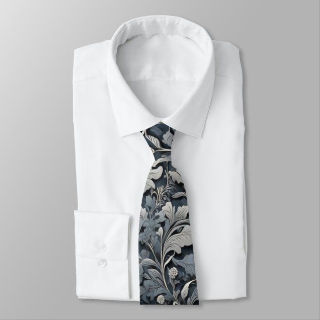 Elegant dusty blue silver white gray floral neck tie (Tied)