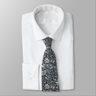 Elegant dusty blue silver white gray floral neck tie