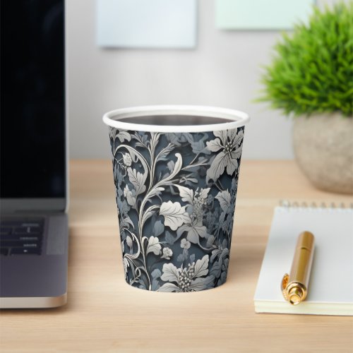 Elegant dusty blue silver white gray floral paper cups