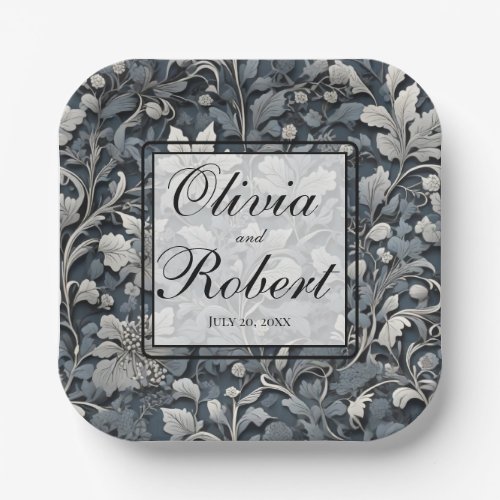 Elegant dusty blue silver white gray floral paper plates
