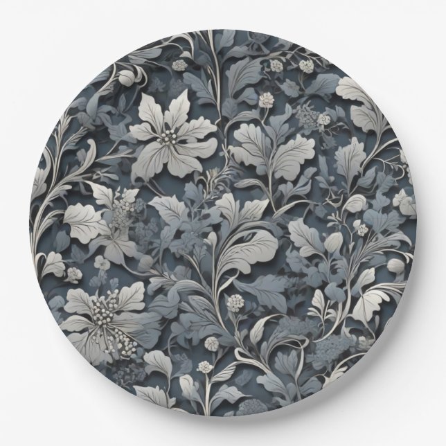 Elegant dusty blue silver white gray floral paper plates (Front)