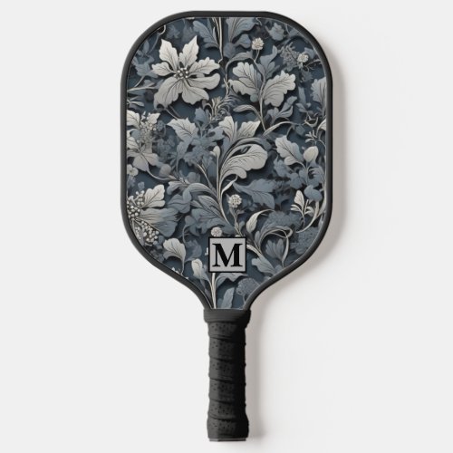 Elegant dusty blue silver white gray floral pickleball paddle