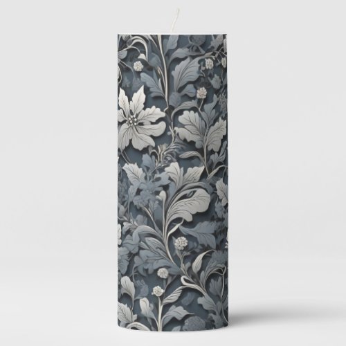 Elegant dusty blue silver white gray floral pillar candle