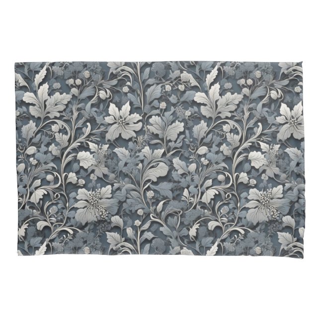 Elegant dusty blue silver white gray floral pillow case (Front-Left)