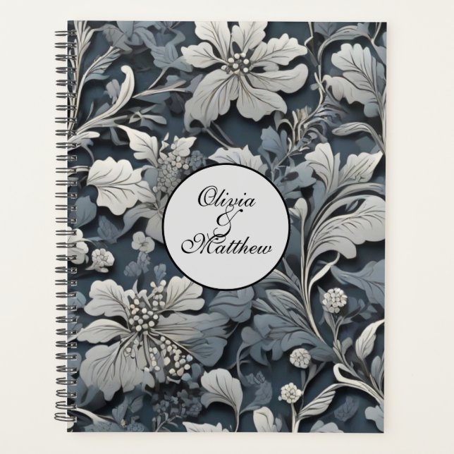 Elegant dusty blue silver white gray floral planner (Front)