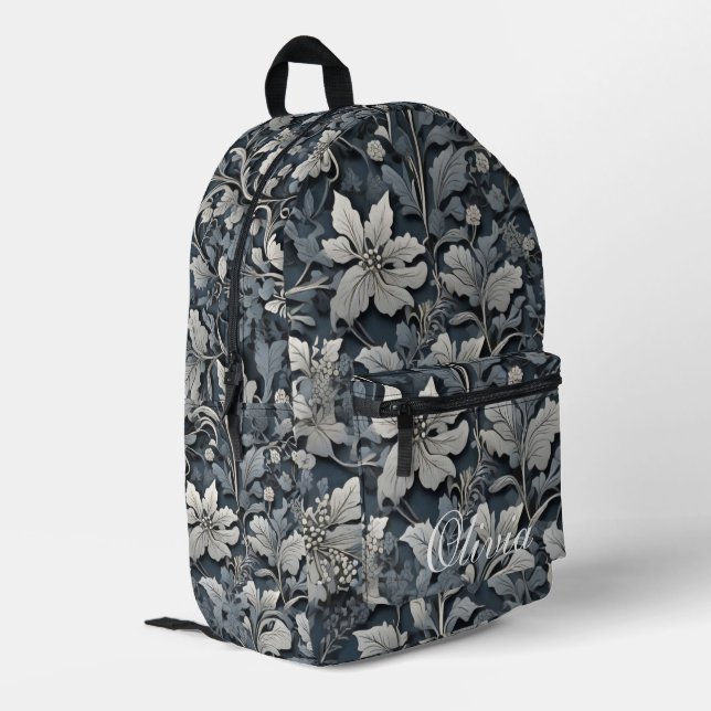 Elegant dusty blue silver white gray floral printed backpack (Back Corner Left)