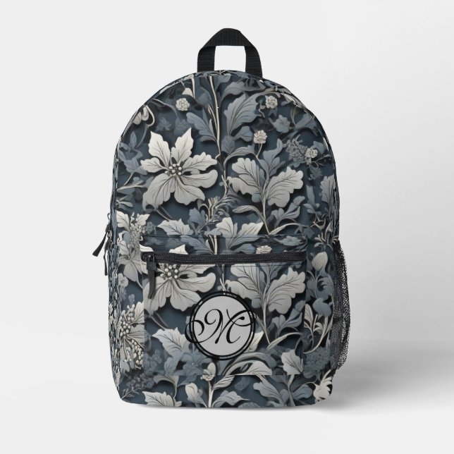 Elegant dusty blue silver white gray floral printed backpack (Front)