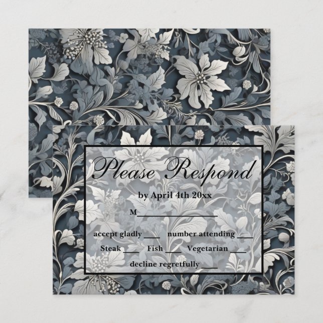 Elegant dusty blue silver white gray floral RSVP card (Front/Back)