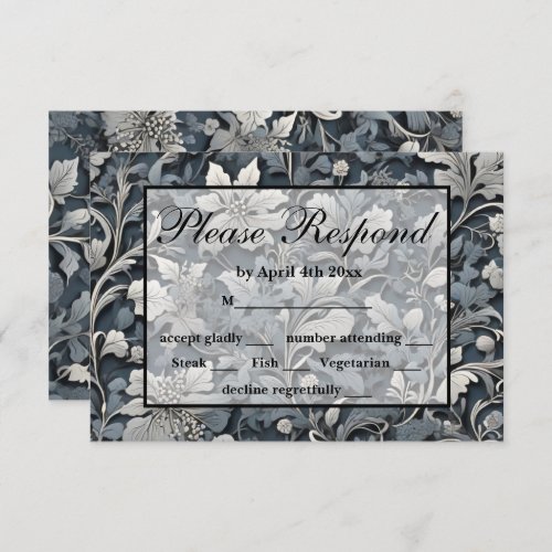 Elegant dusty blue silver white gray floral RSVP card