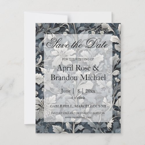 Elegant dusty blue silver white gray floral save the date