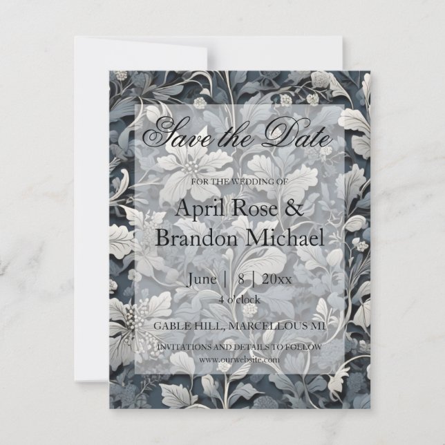 Elegant dusty blue silver white gray floral save the date (Front)