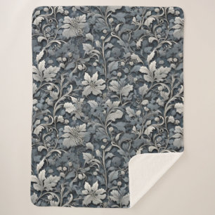 Elegant dusty blue silver white gray floral sherpa blanket