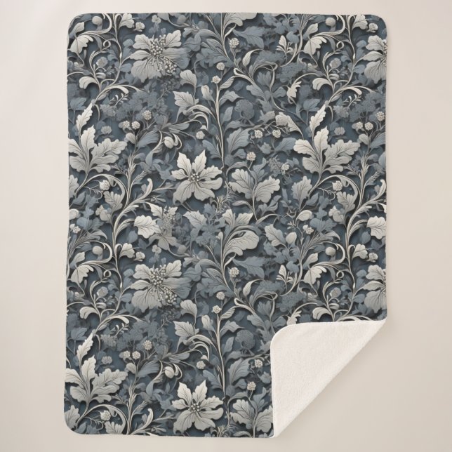 Elegant dusty blue silver white gray floral sherpa blanket (Front)
