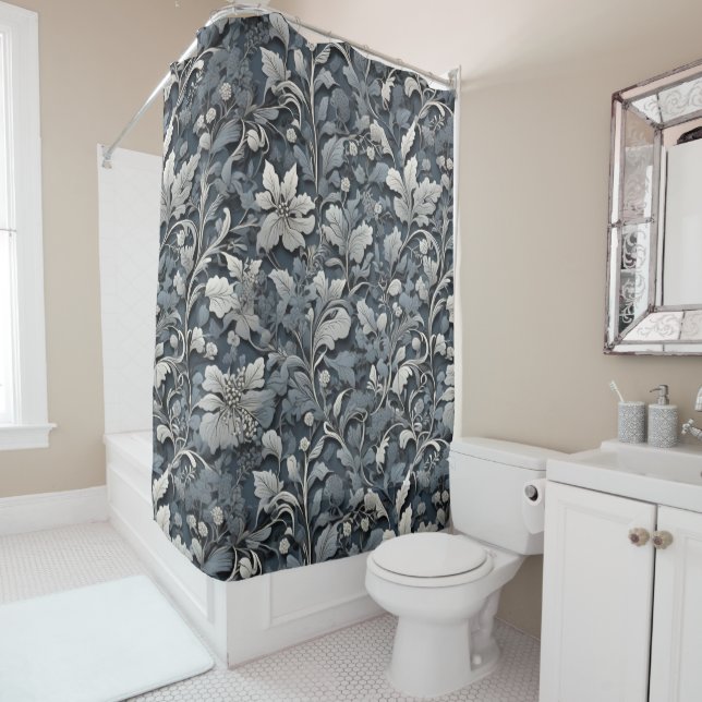 Elegant dusty blue silver white gray floral shower curtain (In Situ)